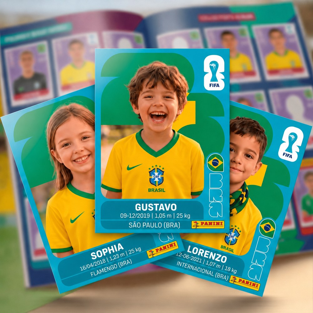 Mockup com três figurinhas personalizadas verde-amarelas, mostrando criança, menina e menino em cards de futebol.